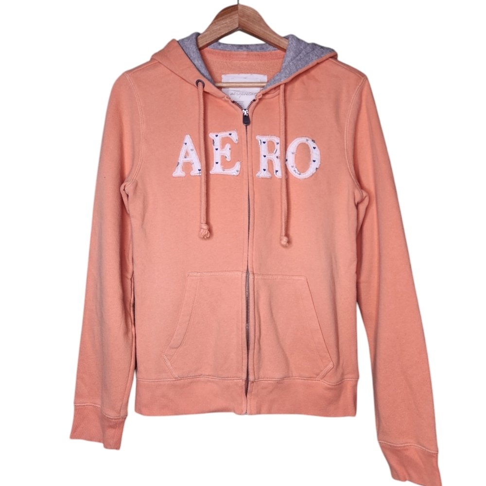 Aeropostale Y2K Peach Gray Spellout Hoodie Ribbed Hood Large